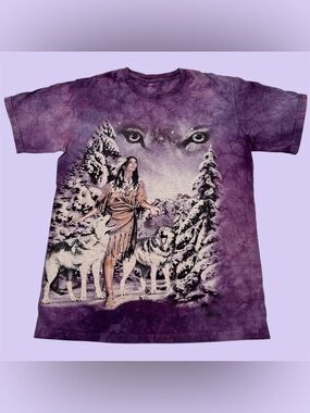 Y2K The Mountain Wolf Indian Whisperer Graphic Tee Purple Tie Dye Small